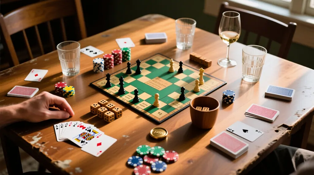 A table set out with board games, cards, chips, dice and playing pieces